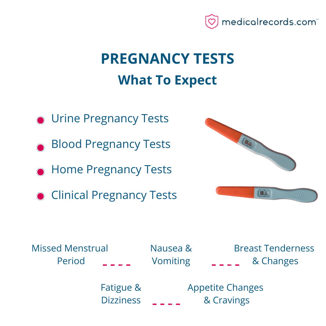 An infographic on the types of pregnancy tests and symptoms of pregnancy. 